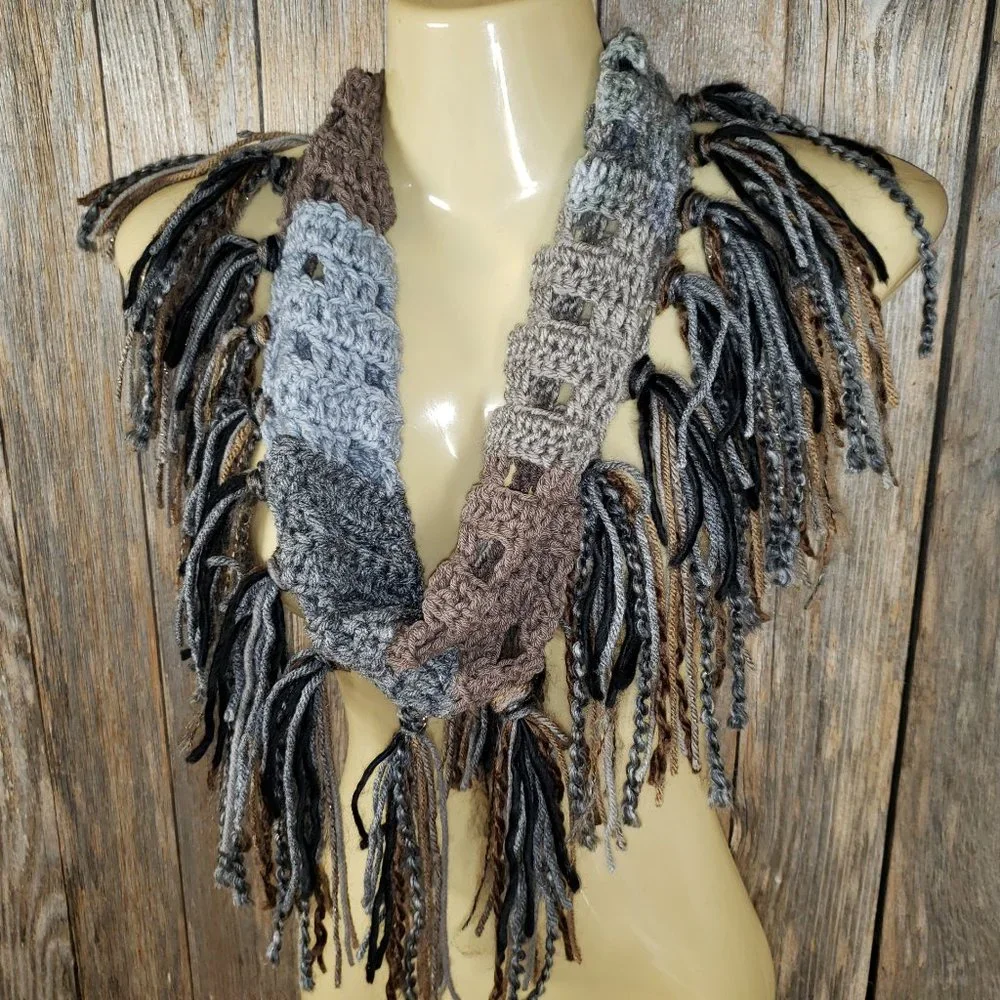NEW Hand Crochet Gray Taupe Black Cowl Scarf‎ Boho Fringe Hippie Fairy Grunge